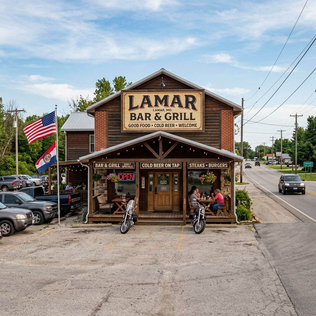 Exterior of Lamar Bar & Grill wooden building with signs for bar, grill, cold beer on tap, and steaks and burgers, with motorcycles and people sitting outside